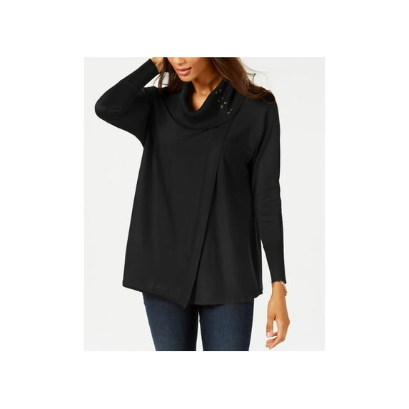 JM Collection Petite Lace Up Poncho Sweater Deep Black PS