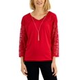 thumbnail image 1 of JM Collection Petite Lace Yoke Necklace Top Real Red PXS, 1 of 1