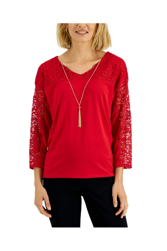 Petite Lace Yoke Necklace Top Real Red PXS