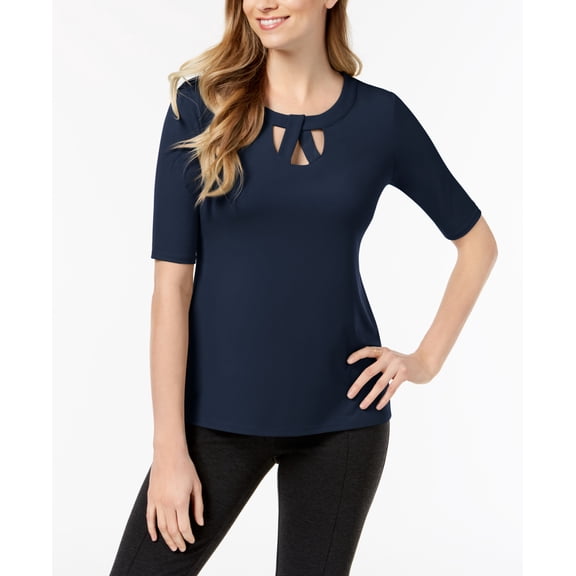 JM Collection Petite Lattice Twist Elbow Sleeve Top Intrepid Blue PXS