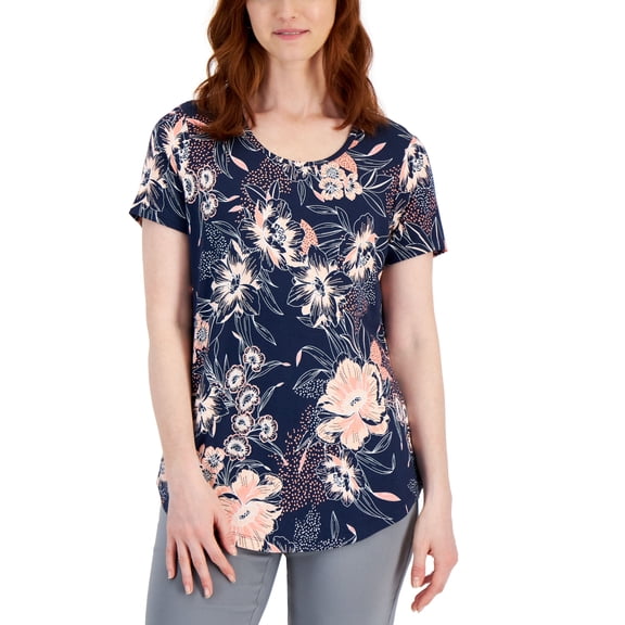 JM Collection Petite Linework Stipple Printed T-Shirt Intrepid Blue Combo PXS