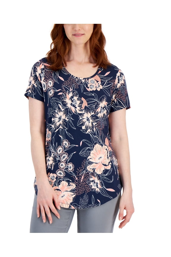 Petite Linework Stipple Printed T-Shirt Intrepid Blue Combo PXS