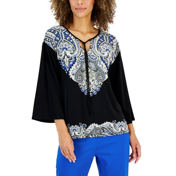 JM Collection Petite Paisley Print Tie Neck Top Deep Black Combo PXL