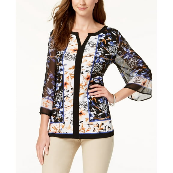 JM Collection Petite Printed Chiffon Sleeve Tunic Inverse Blossom PXL
