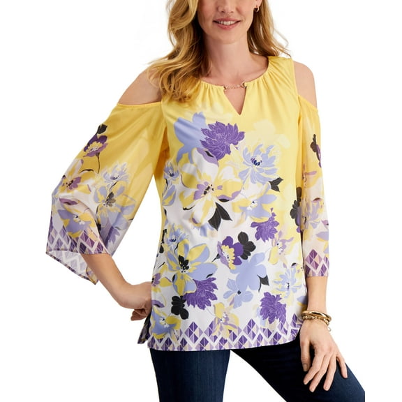 JM Collection Petite Printed Cold Shoulder Keyhole Blouse Lemon Ice Combo PL