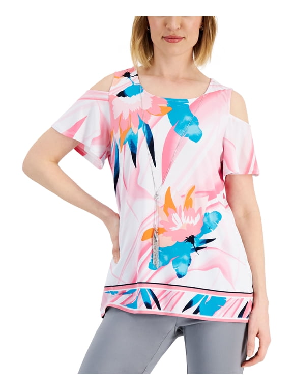 Petite Printed Cold-Shoulder Tunic Pink Gemstone Combo PXS