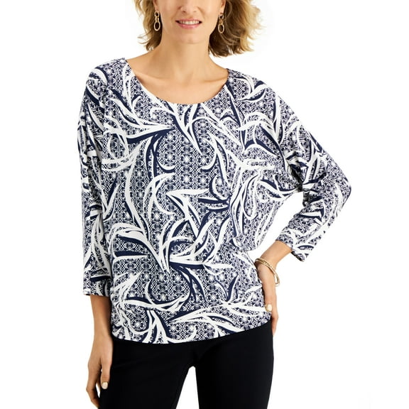 JM Collection Petite Printed Dolman Sleeve Top Intrepid Blue Combo PL