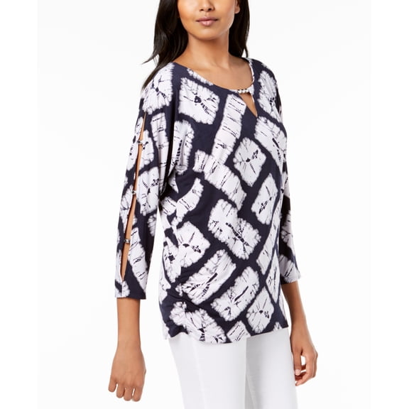 JM Collection Petite Printed Split Sleeve Keyhole Tunic Block Tie Dye PXS