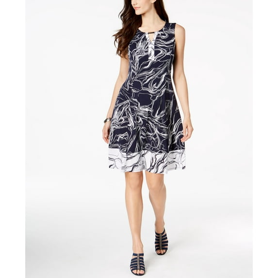 JM Collection Petite Sleeveless A Line Dress Blue Abstract Marble PXL