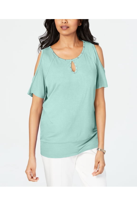 Petite Studded Cold Shoulder Keyhole Top Aqua Flash PXL