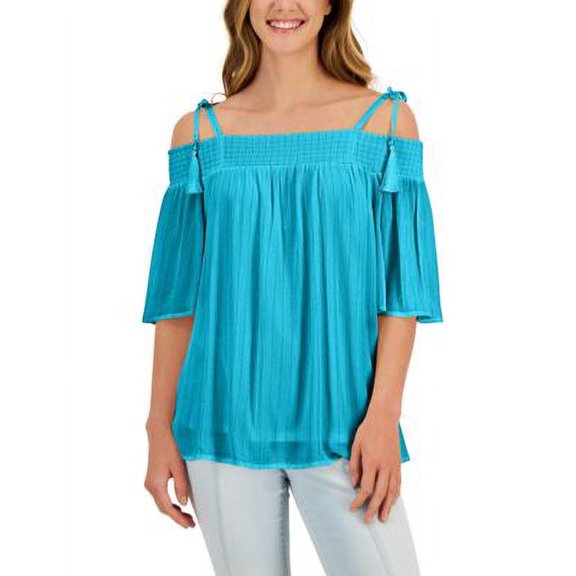 JM Collection Petite Tie Shoulder Tassel Top Seafoam Blue PXS
