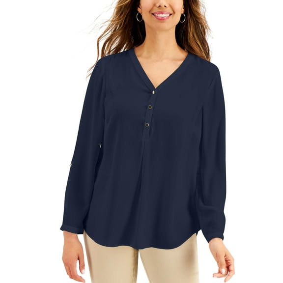 JM Collection Petite Y Neck Top Intrepid Blue PXL