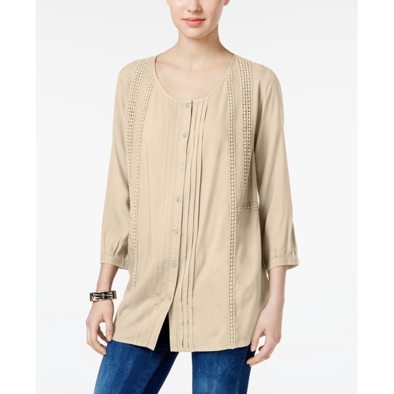 JM Collection Pleated Crochet Trim Blouse Sand S