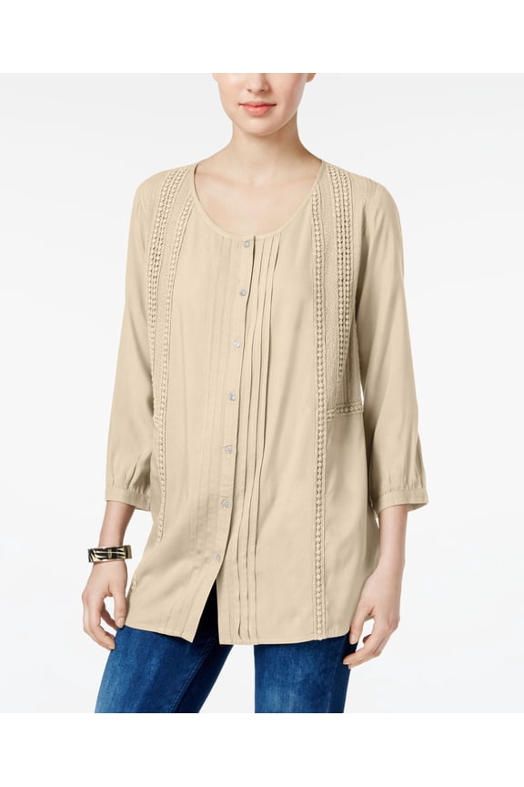 Pleated Crochet Trim Blouse Sand S
