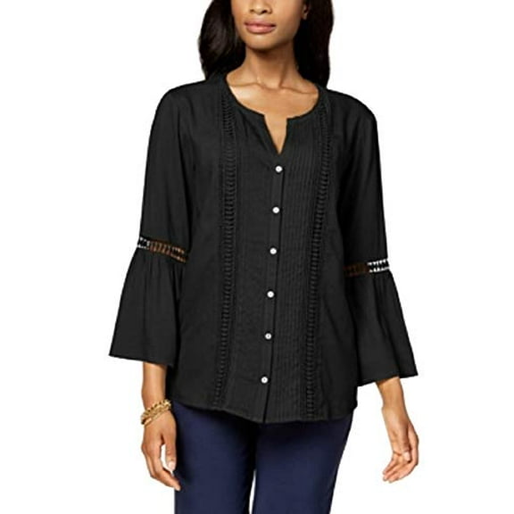 JM Collection Pleated Crochet-Trim Blouse Womens S Black shirt MSRP $49