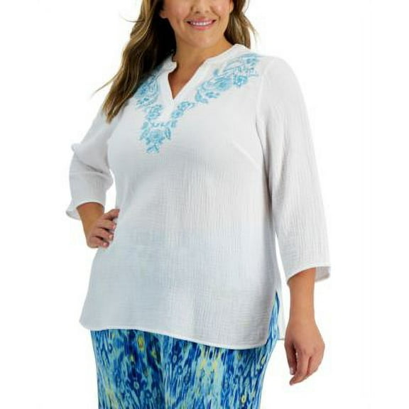 JM Collection Plus Embroidered Gauze Top Bright White 1X