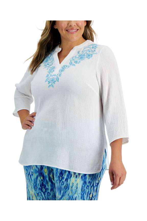 Plus Embroidered Gauze Top Bright White 3X