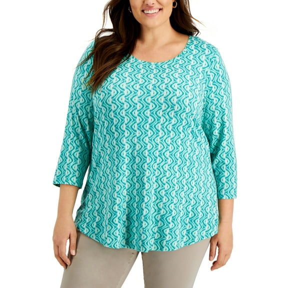 JM Collection Plus Size 3/4 Sleeve Printed Top Enchant Mint Combo 0X