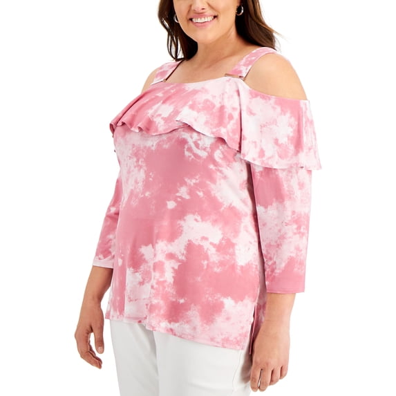 JM Collection Plus Size 3/4 Sleeve Ruffle Tier Top Peach Pearl Combo 2X