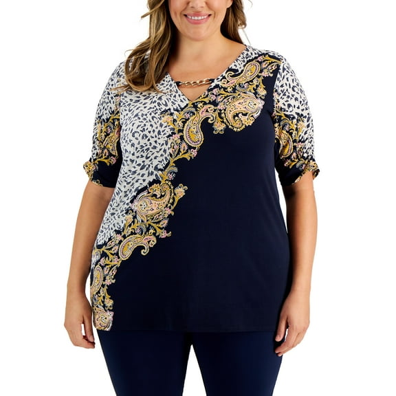 JM Collection Plus Size Beia Paisley Print Ruched Sleeve Tunic Intrepid Combo 1X