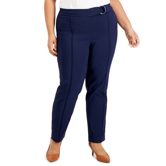 JM Collection Plus Size Belted Seam Front Pants Intrepid Blue 4X