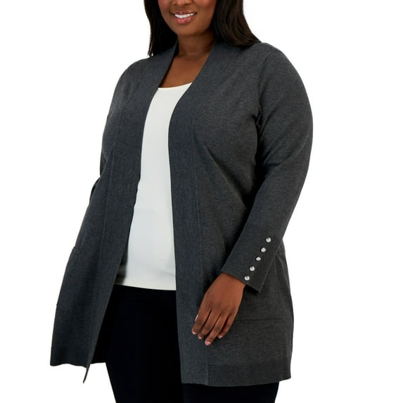 JM Collection Plus Size Button Sleeve Flyaway Cardigan Sweater Charcoal Heather 2X