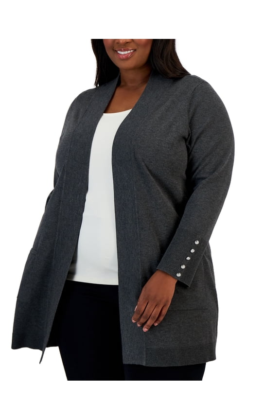 Plus Size Button Sleeve Flyaway Cardigan Sweater Charcoal Heather 2X