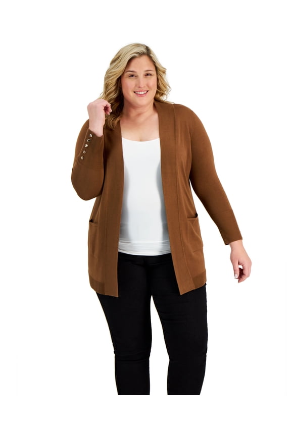 Plus Size Button Sleeve Flyaway Cardigan Sweater Red Maple 3X