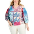thumbnail image 1 of JM Collection Plus Size Cold Shoulder 3/4 Sleeve Top Fushia Tulip Combo 2X, 1 of 1