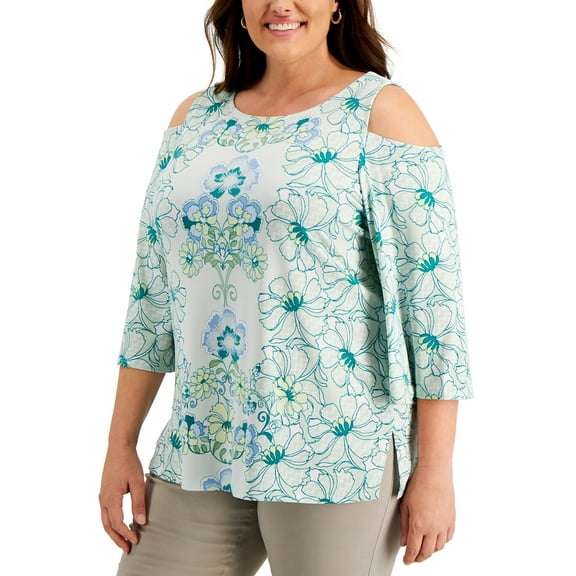 JM Collection Plus Size Cold Shoulder Printed Top Enchant Mint Combo 2X