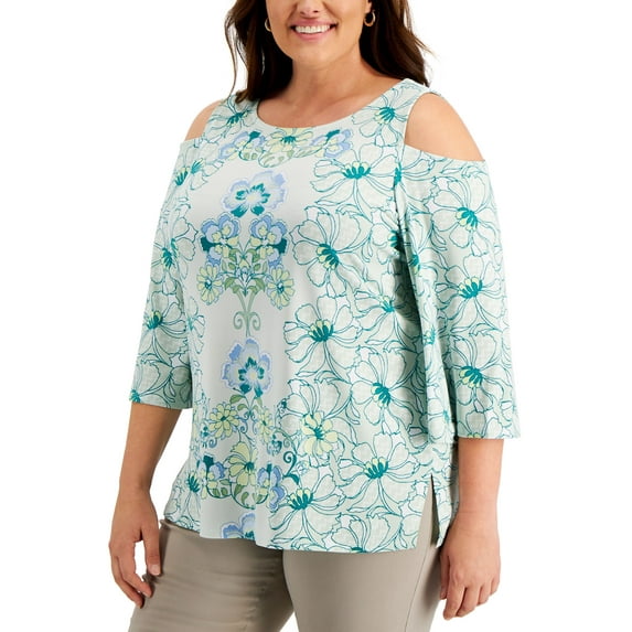 JM Collection Plus Size Cold Shoulder Printed Top Enchant Mint Combo 2X