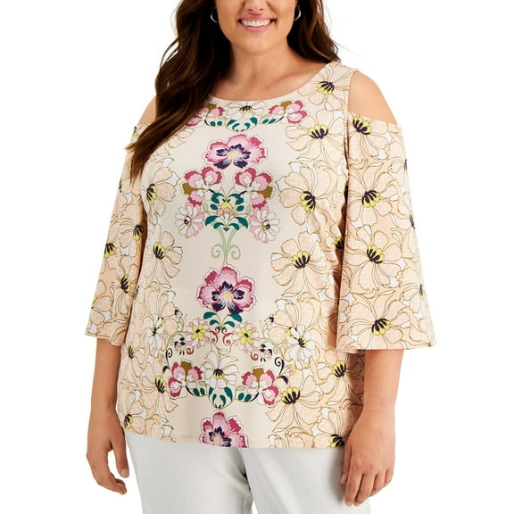 JM Collection Plus Size Cold Shoulder Printed Top Peach Pearl Combo 4X