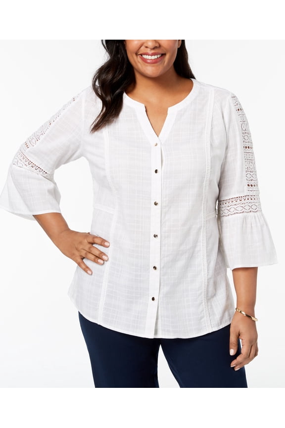 Plus Size Cotton Crochet Sleeve Shirt Bright White 0X
