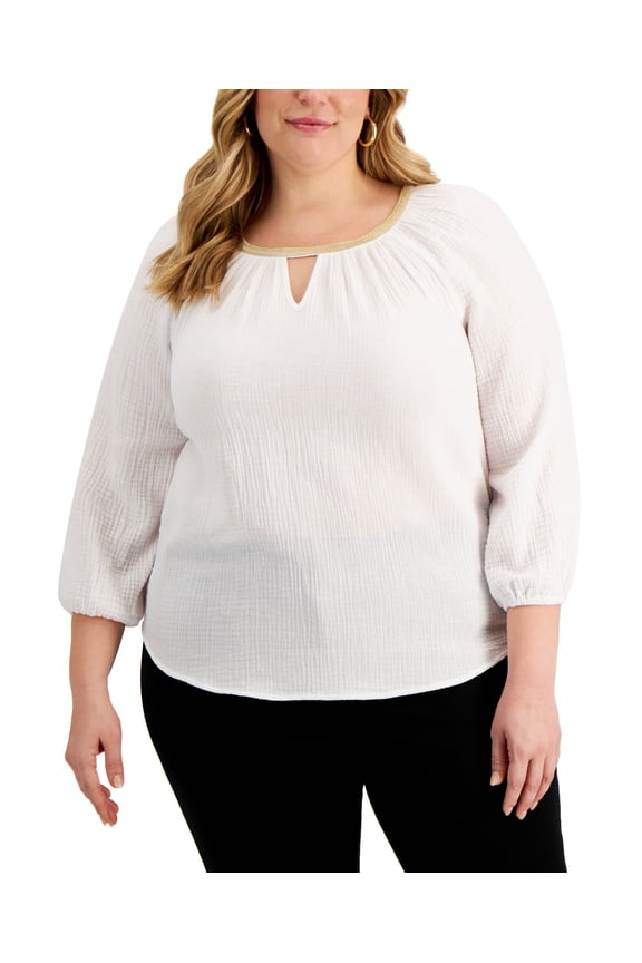 Plus Size Cotton Keyhole Top Bright White 2X