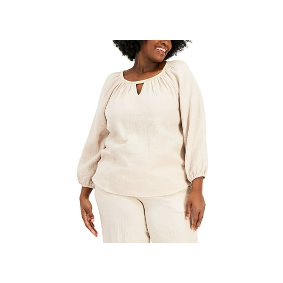 JM Collection Plus Size Cotton Keyhole Top Sugar Sand 2X