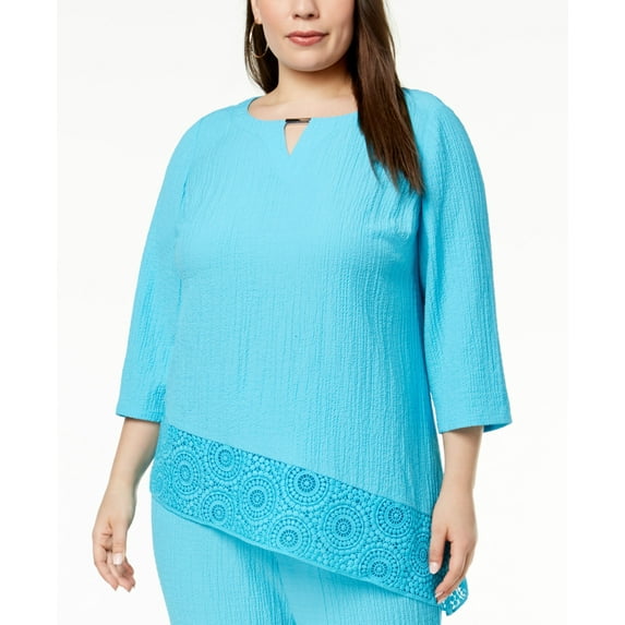 JM Collection Plus Size Crinkle Crochet Hem Top Reef Aqua 0X