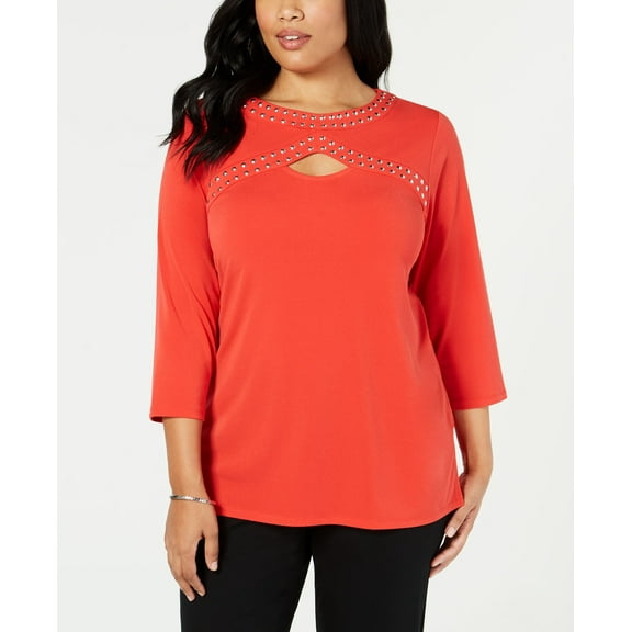 JM Collection Plus Size Embellished Keyhole Top Hot Red 3X
