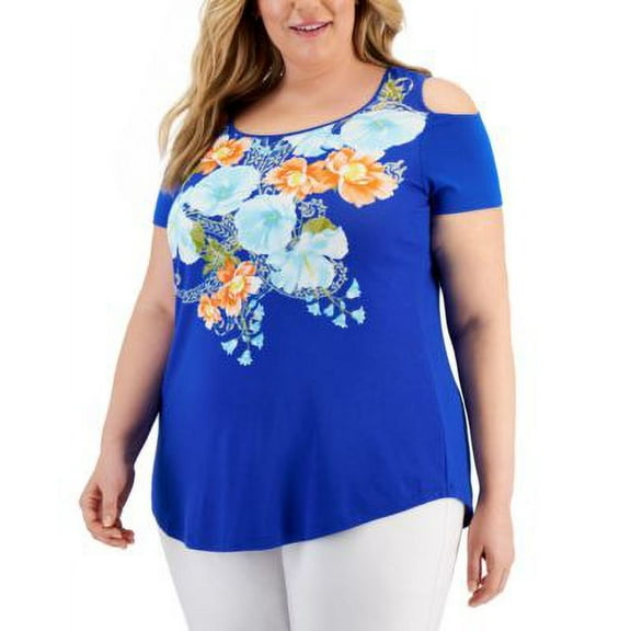 JM Collection Plus Size Floral Cold Shoulder Top Deep Cobalt Combo 3X