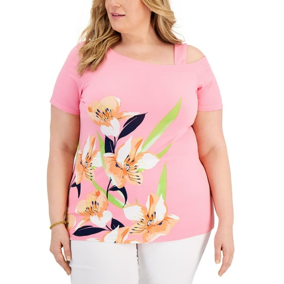 JM Collection Plus Size Floral Cold-Shoulder Top Pink Gemstone Combo 1X