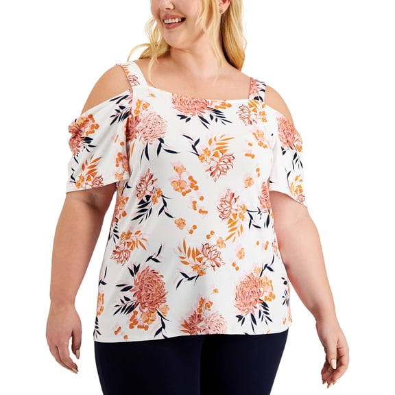 JM Collection Plus Size Floral Print Cold Shoulder Top Winter White Combo 2X