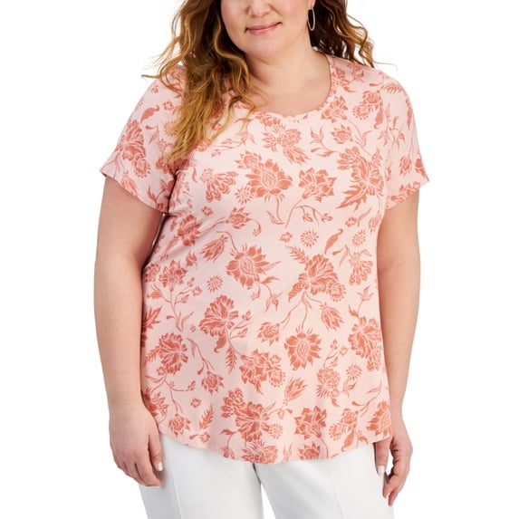 JM Collection Plus Size Floral Print Short-Sleeve Top – Rose Tint Combo, 0X