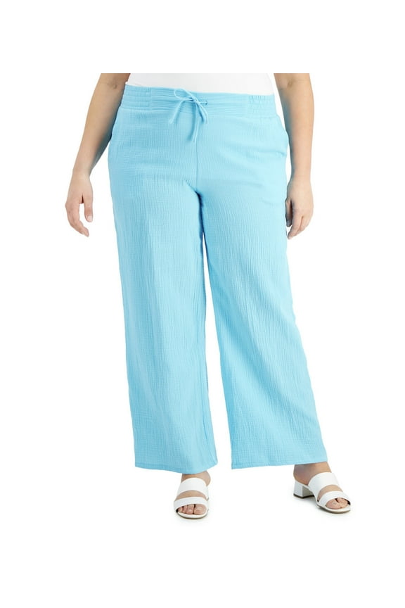 Plus Size Gauze Drawstring Pants Seafoam Blue 0X