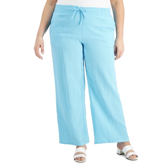 JM Collection Plus Size Gauze Drawstring Pants Seafoam Blue 2X