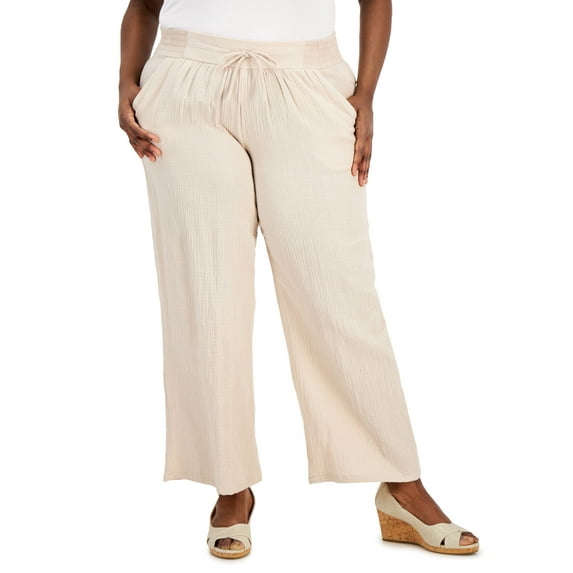 JM Collection Plus Size Gauze Drawstring Pants Sugar Sand 2X