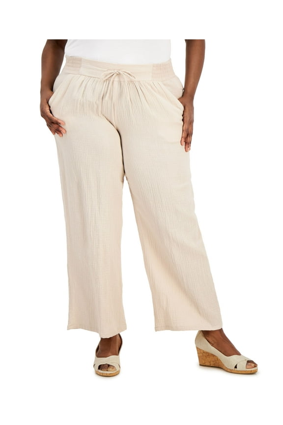 Plus Size Gauze Drawstring Pants Sugar Sand 3X