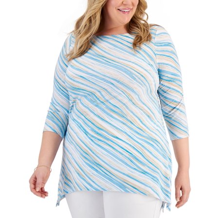 JM Collection Plus Size Handkerchief Hem Jacquard Top Blue Club Combo 3X