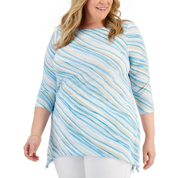 JM Collection Plus Size Handkerchief Hem Jacquard Top Blue Club Combo 3X
