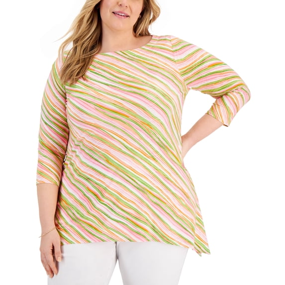 JM Collection Plus Size Handkerchief Hem Jacquard Top Pink Gemstone Combo 3X