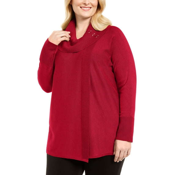 JM Collection Plus Size Lace Up Cowlneck Sweater Real Red 2X