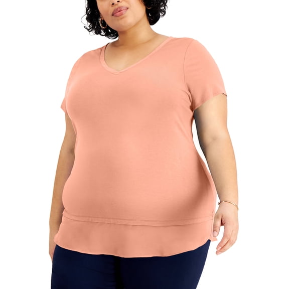 JM Collection Plus Size Layered Hem Top Peach Pearl 1X